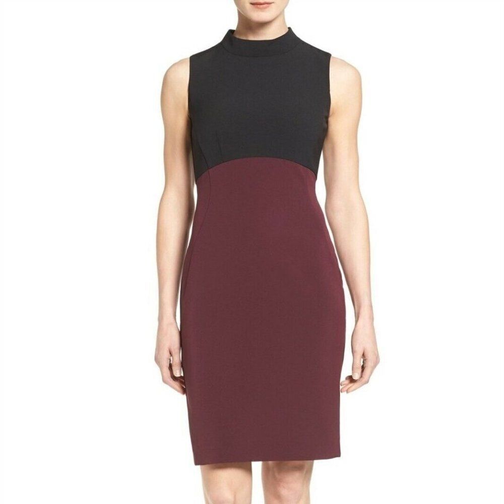 Halogen Black Burgundy Colorblock Mock Neck Sheath Dress 12 NWT